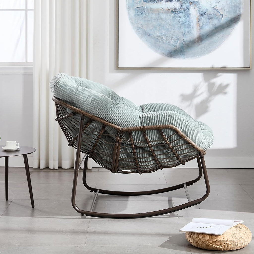 Papasan Rocking Chairs Outdoor Indoor, Oversized Rattan Rocker Patio Chair with Padded Cushion, Comfy Modern Indoor Egg Chair for Living Room, Bedroom, Porch, Garden, Balcony(Corduroy, Light Green)