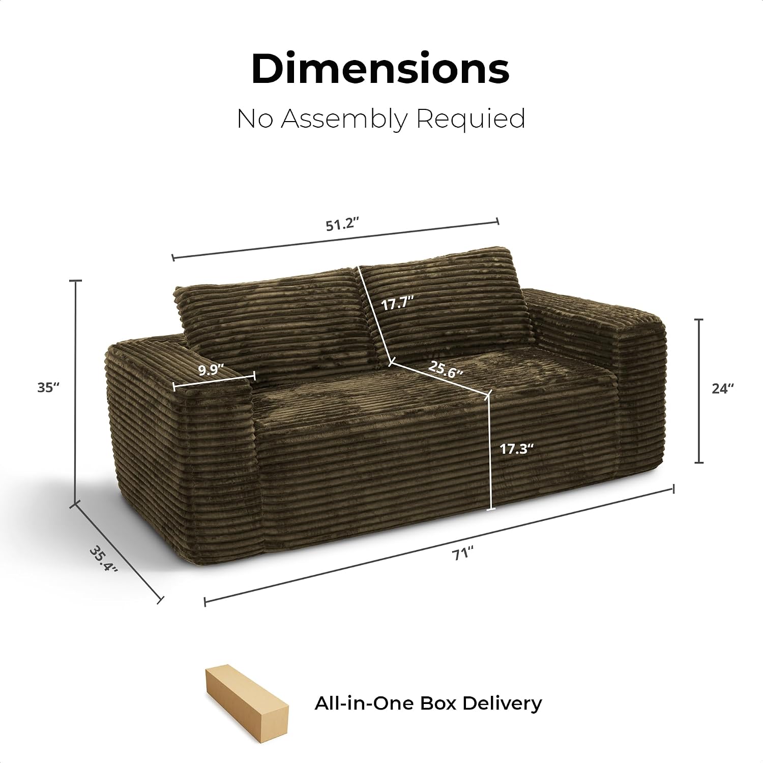 LIKIMIO Liorin Plush 71' Luxury Corduroy Boneless Cloud Couch, No Assembly Small Space Loveseat for Apartment, Office & Living Room, Brown