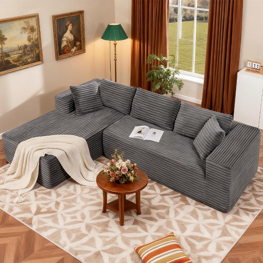 COMHOMA 105'Modular Sectional Sofa with Deep Seat,Cloud Upholstered L-Shape Couch Wide Arms Corduroy Fabric High-Density Foam Chaise Lounge for Living Room No Assembly Required