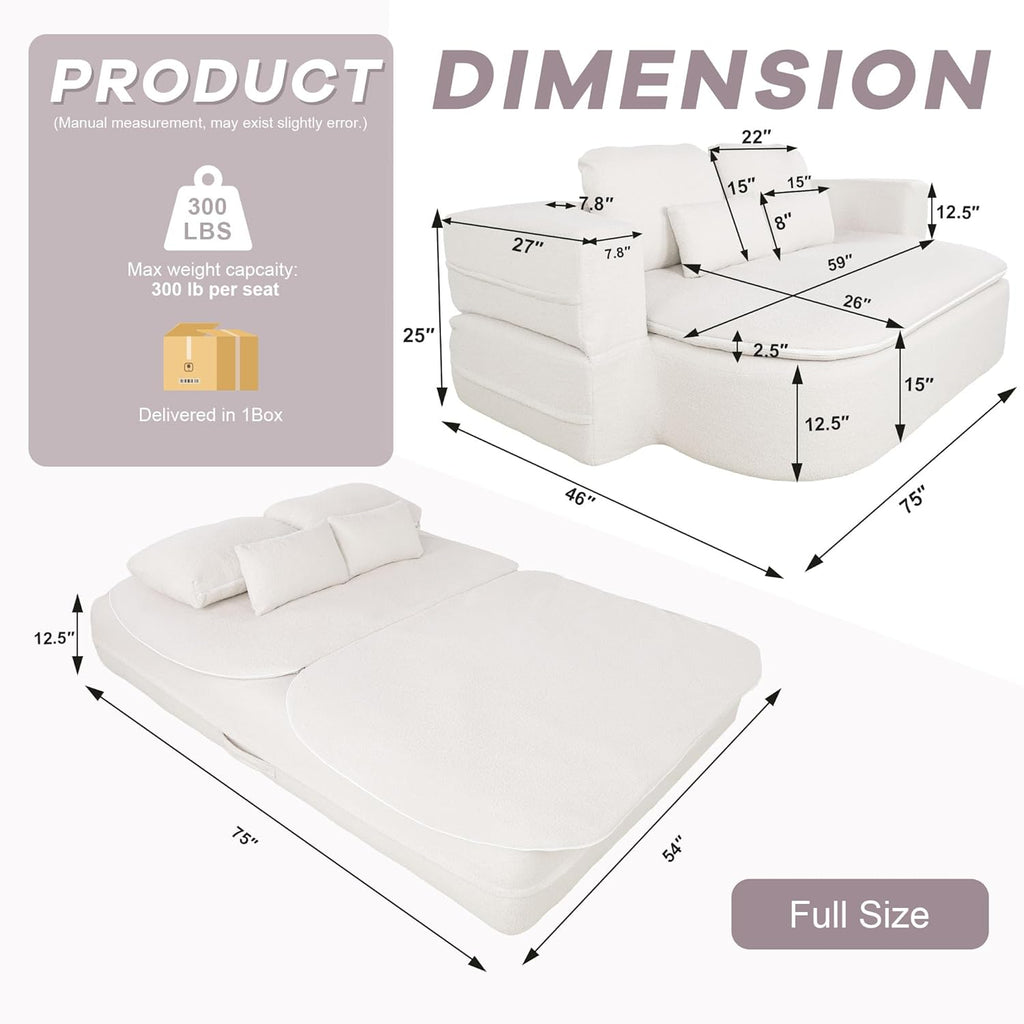 75'' Folding Sleeper Sofa Bed, Convertible Memory Foam Boneless Couch, Foldable Full Size Guest Bed, Modern 2-in-1 Futon Floor Sleeper Sofa with 4 Pillows and Blanket (Teddy, Beige2)