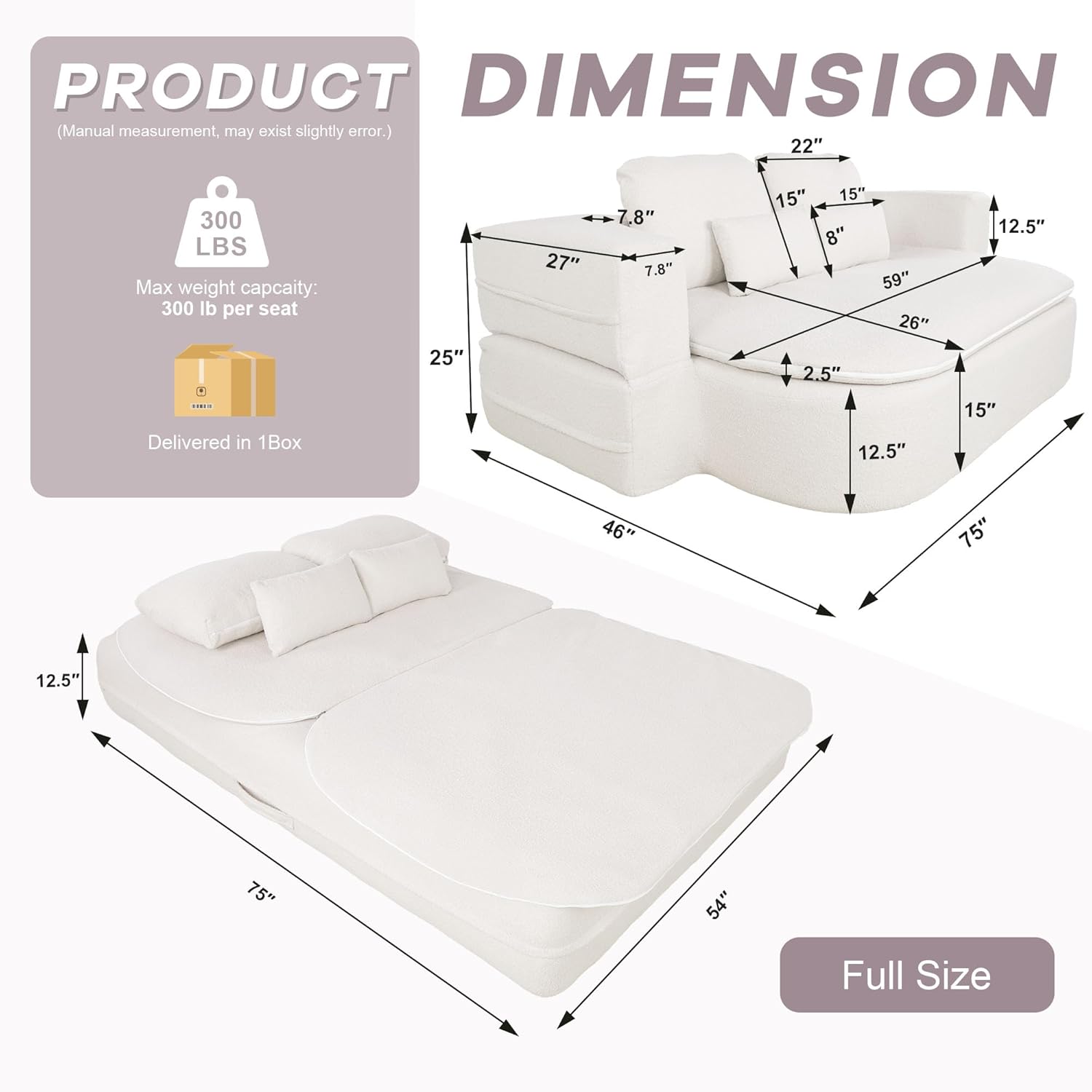 75'' Folding Sleeper Sofa Bed, Convertible Memory Foam Boneless Couch, Foldable Full Size Guest Bed, Modern 2-in-1 Futon Floor Sleeper Sofa with 4 Pillows and Blanket (Teddy, Beige2)