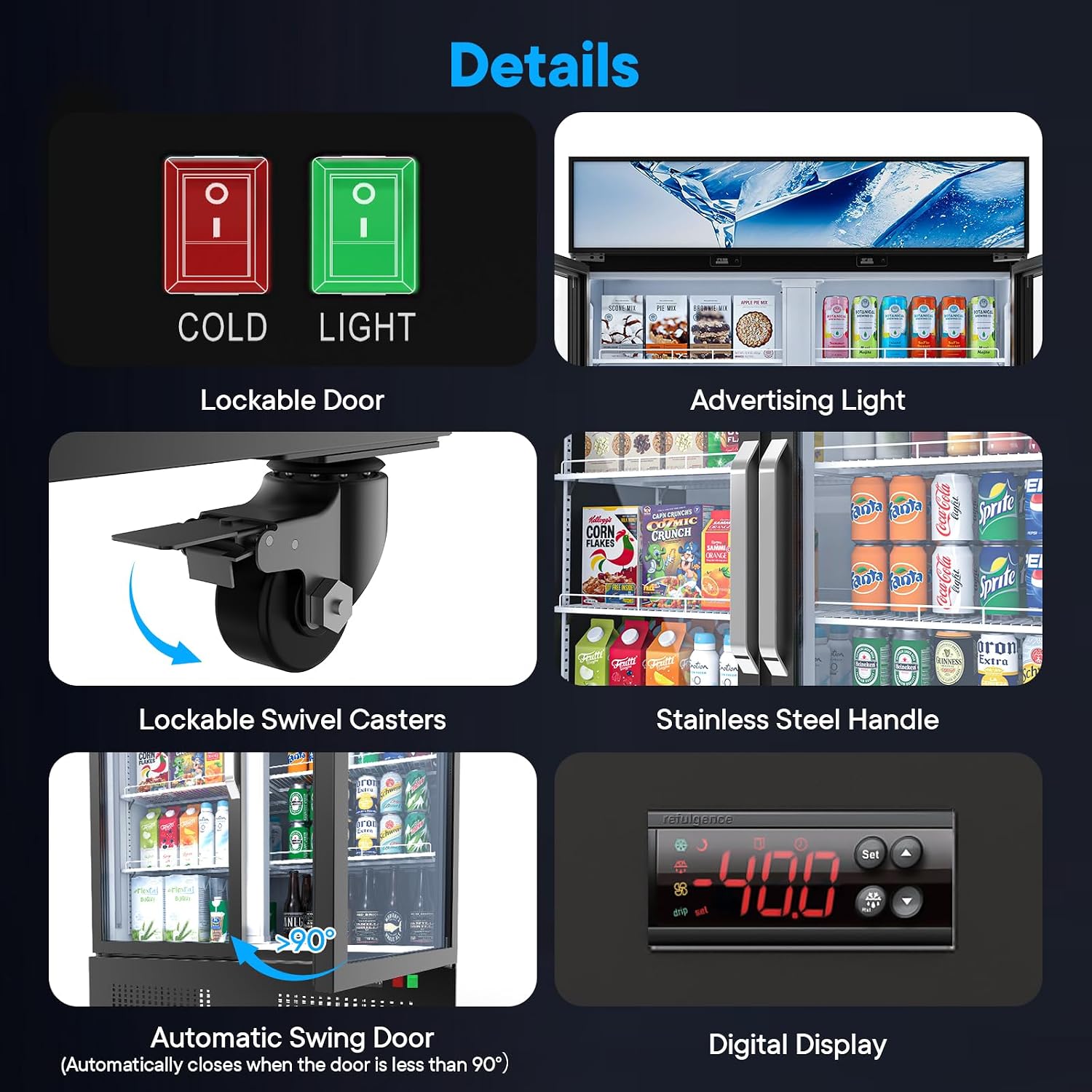 35 Cuft ETL & DOE Certified Commercial Merchandiser Refrigerators 2 Doors,Upright Display Retail Fridge Cooler with Adjustable Shelves,Built-in LED Light,Lightbox,Lockable Doors,Black,Kfreshzldm