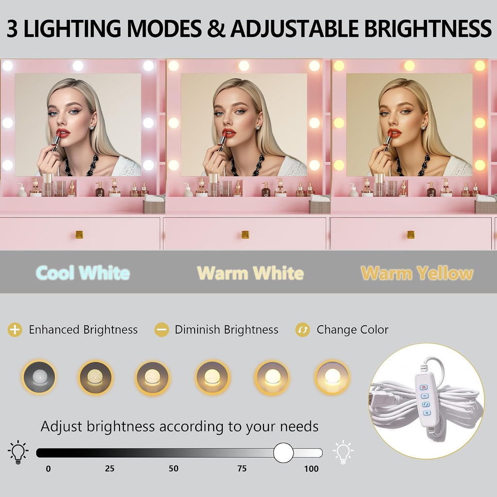 Vanity Desk with Mirror and Lights, Small Makeup Vanity Table with RGB Storage Cabinet & Power Strips & Shelves, 3 Lighting Modes & Adjustable Brightness, Dressing Table for Women Girls Bedroom, Pink
