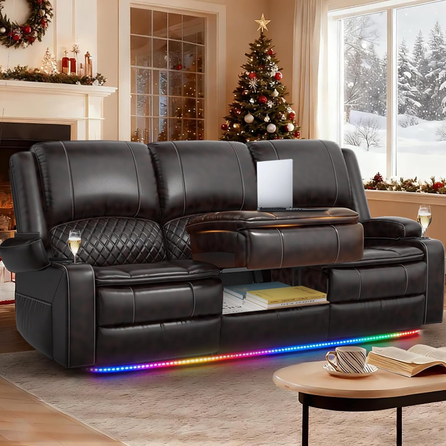 Recliner Sofa 3 Seater Sofa with Recliner, Home Theater Seating with Liftable Console & Removable Armrest, Manual PU Leather Reclining Couch with Cup Holders & USB Ports for Living Room/RV (PU,Brown)