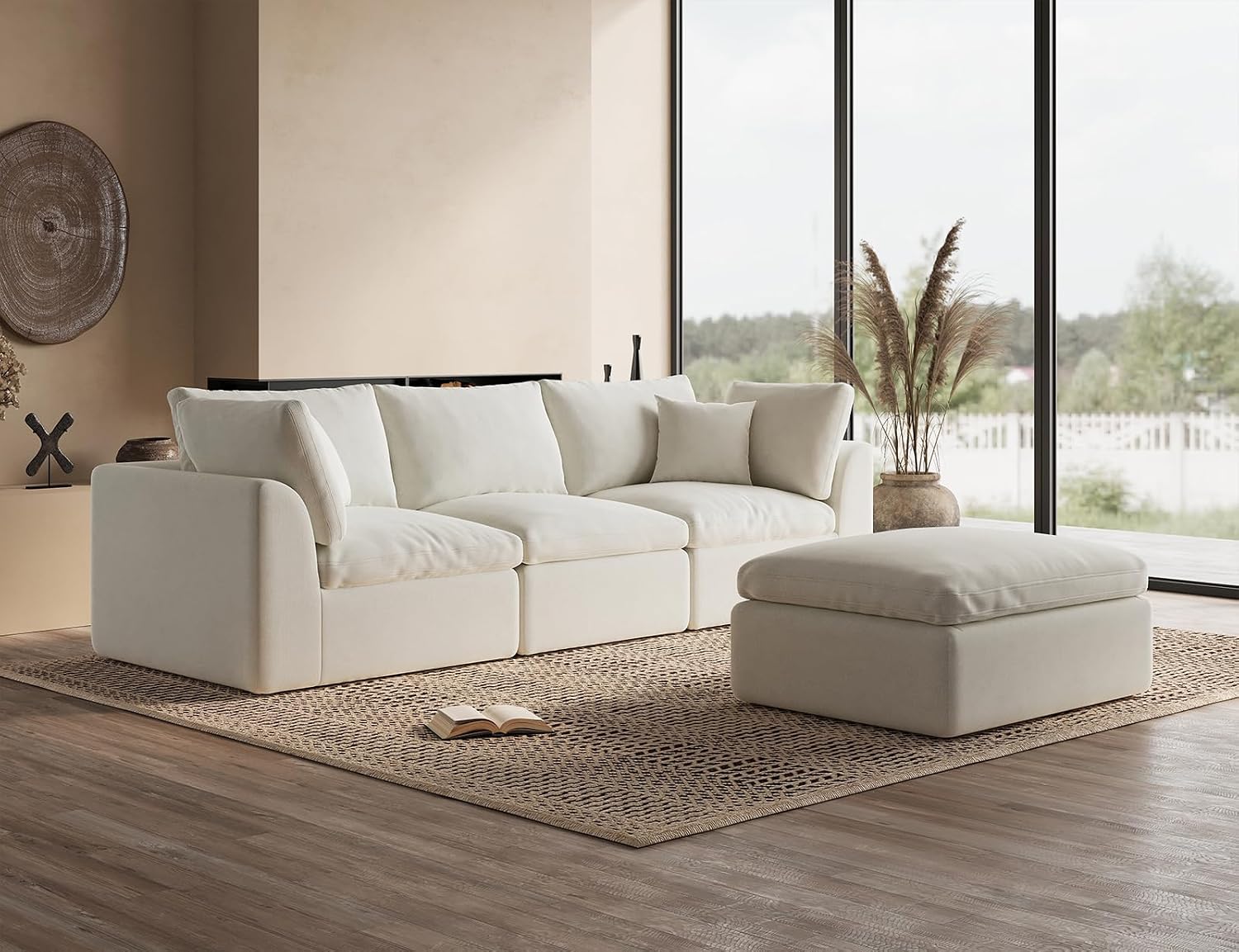 ohllob 110' Cloud Sectional Couches for Living Room, Convertible L-Shape Couch with Ottoman, 3 Seater Modular Sectional Sofa, Warm White