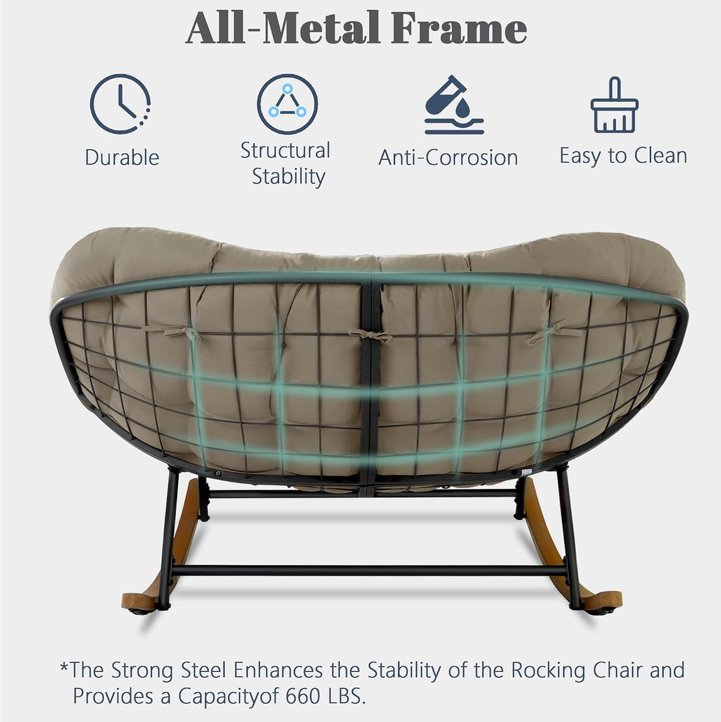 Double Papasan Patio Rocking Chair,Double Oversized Papasan Rocking Chair with Thick Cushions,Perfect for Indoor, Patio, or Balcony Use, Modern Outdoor Loverseat for Two.Khaki