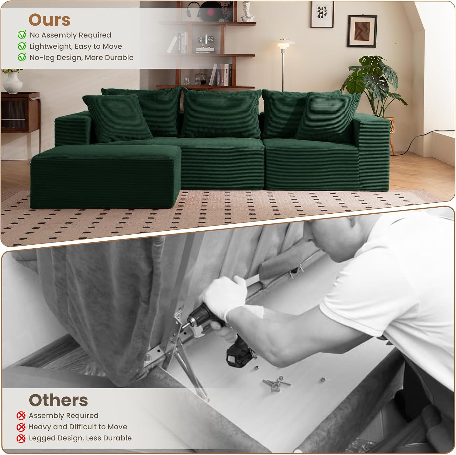 108' L-Shaped Boneless Couch, Modular Sectional Sofa with Moveable Ottoman, Corduroy Cloud Couches for Living Room, No Assembly, Ship in a Box, Green