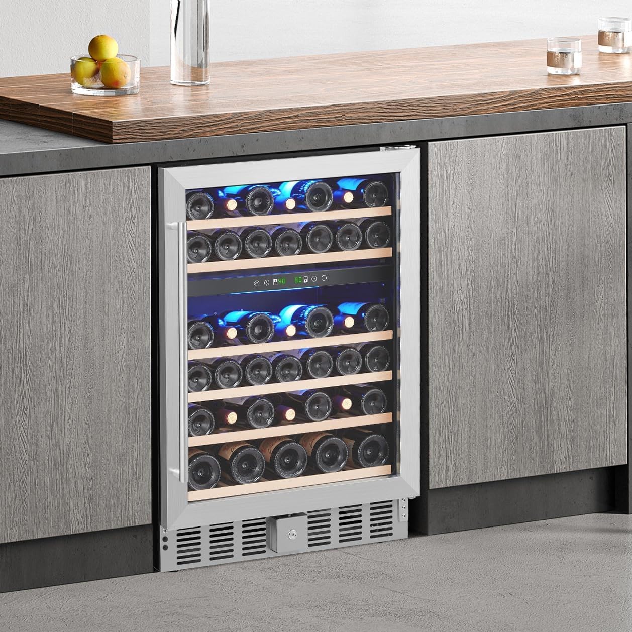 GarveeHome 24 in Dual Zone Wine Fridge Under Counter, 52 Bottle Wine Cooler Refrigerator with 40～64°F Digital Temperature Control, Safety Lock, All Wood Removable Shelves, Stainless Steel+Glass Door