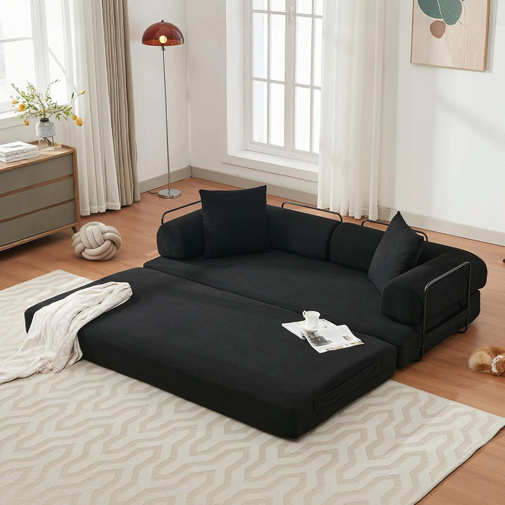 ZEIINPA Convertible Sleeper Sofa Bed with Cylindrical Pillow, Corduroy Folding Mattress Couch with Fixed-Shape Frame, Floor Sofa Lounge Couch for Living Room Bedroom Lounge Studio-Black