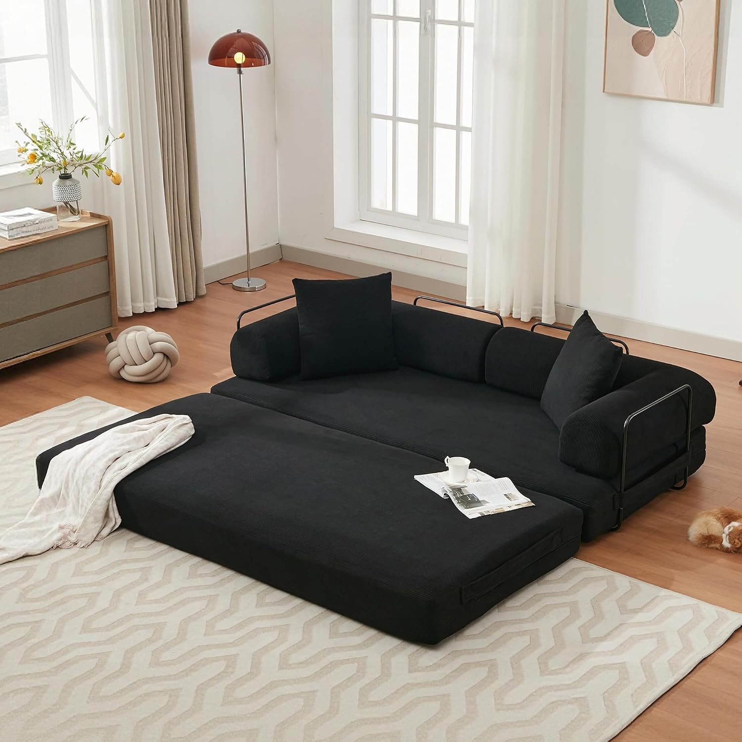 ZEIINPA Convertible Sleeper Sofa Bed with Cylindrical Pillow, Corduroy Folding Mattress Couch with Fixed-Shape Frame, Floor Sofa Lounge Couch for Living Room Bedroom Lounge Studio-Black