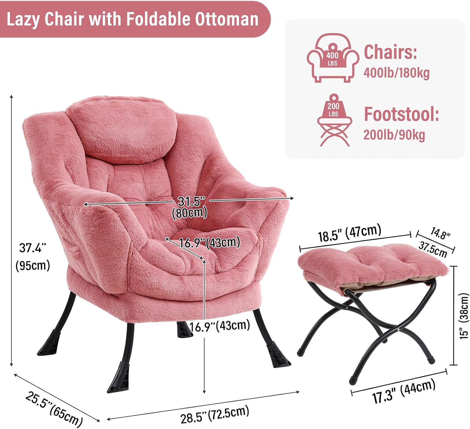 Furlide Lazy Chair with Ottoman, Modern Accent Chair with Armrests and a Side Pocket, Plush Dark Pink Accent Chairs, Reading Chairs, Oversized Armchairs for Bedroom, Study, Living Room, Courtyard