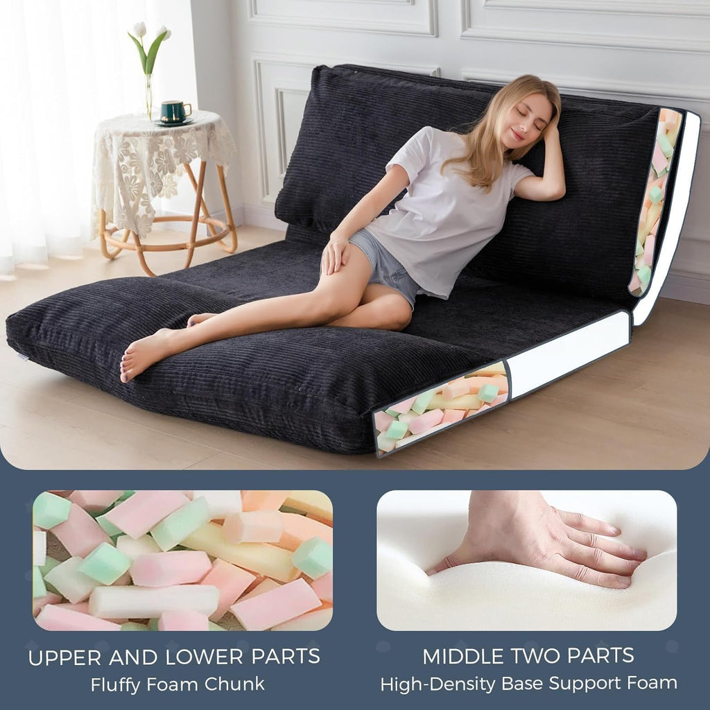 MAXYOYO Folding Sofa Bed, Extra Thick and Long Floor Sofa Convertible Sleeper Chair with Washable Cover, Floor Couch Lounge Bean Bag Bed for Living Room, Black, 30'x95'