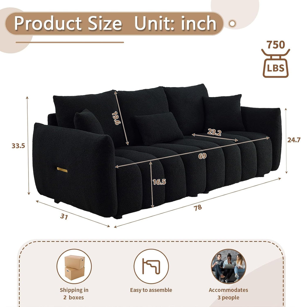Antetek 78' Modern Sofa Couch, Comfy Deep Seat Teddy Cloud Sofa, Upholstered 3-Seater Boucle Couch, Oversized Loveseat for Living Room, Bedroom, Office, Apartment, Black