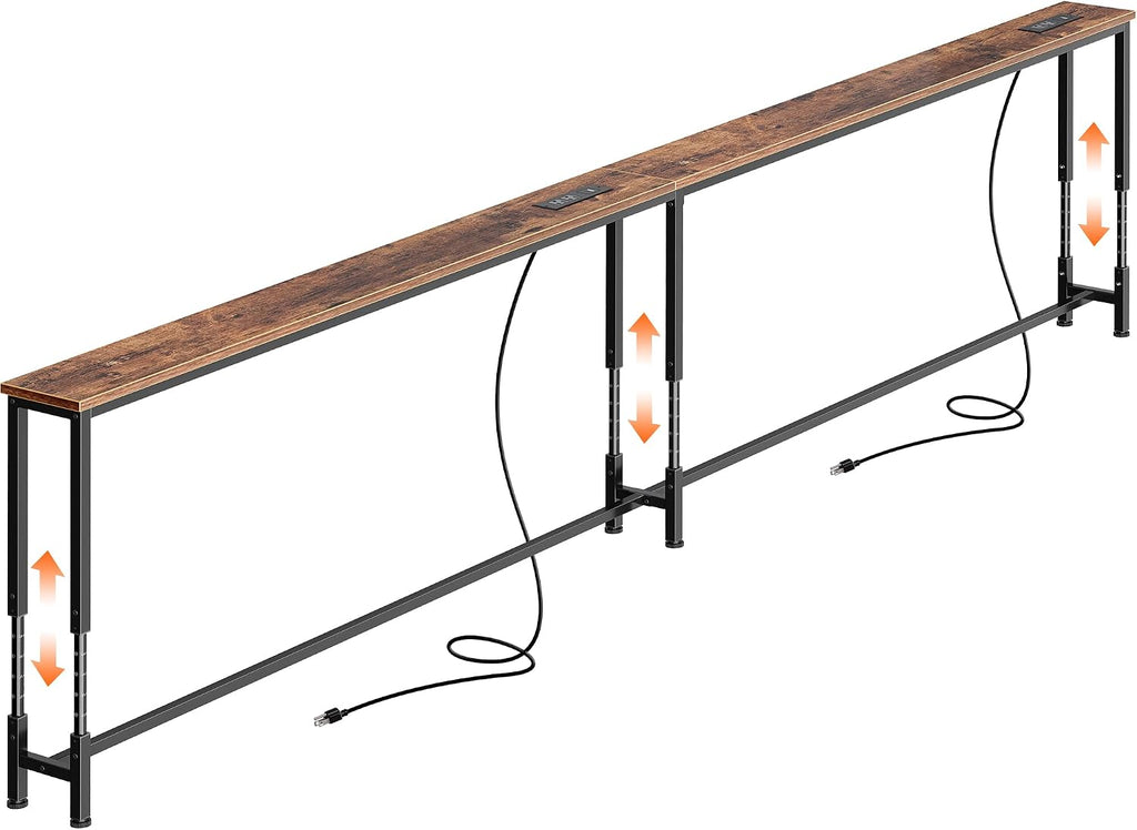 Huuger 110.2 Inch Sofa Table with Power Outlets, 23.9''-34.4'' Height Adjustable Range, Behind Couch Table with USB-C Ports, Sofa Tables Narrow Long, Skinny Console Table, Small Spaces, Rustic Brown