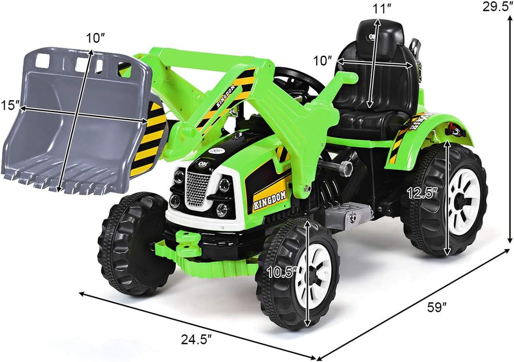Costzon Ride on Excavator, 12V Battery Powered Construction Vehicles for Kids with Front Loader, Horn, Safety Belt, Treaded Wheels, Ride on Bulldozer Truck, Excavator Ride on Toy Gift for Boys Girls