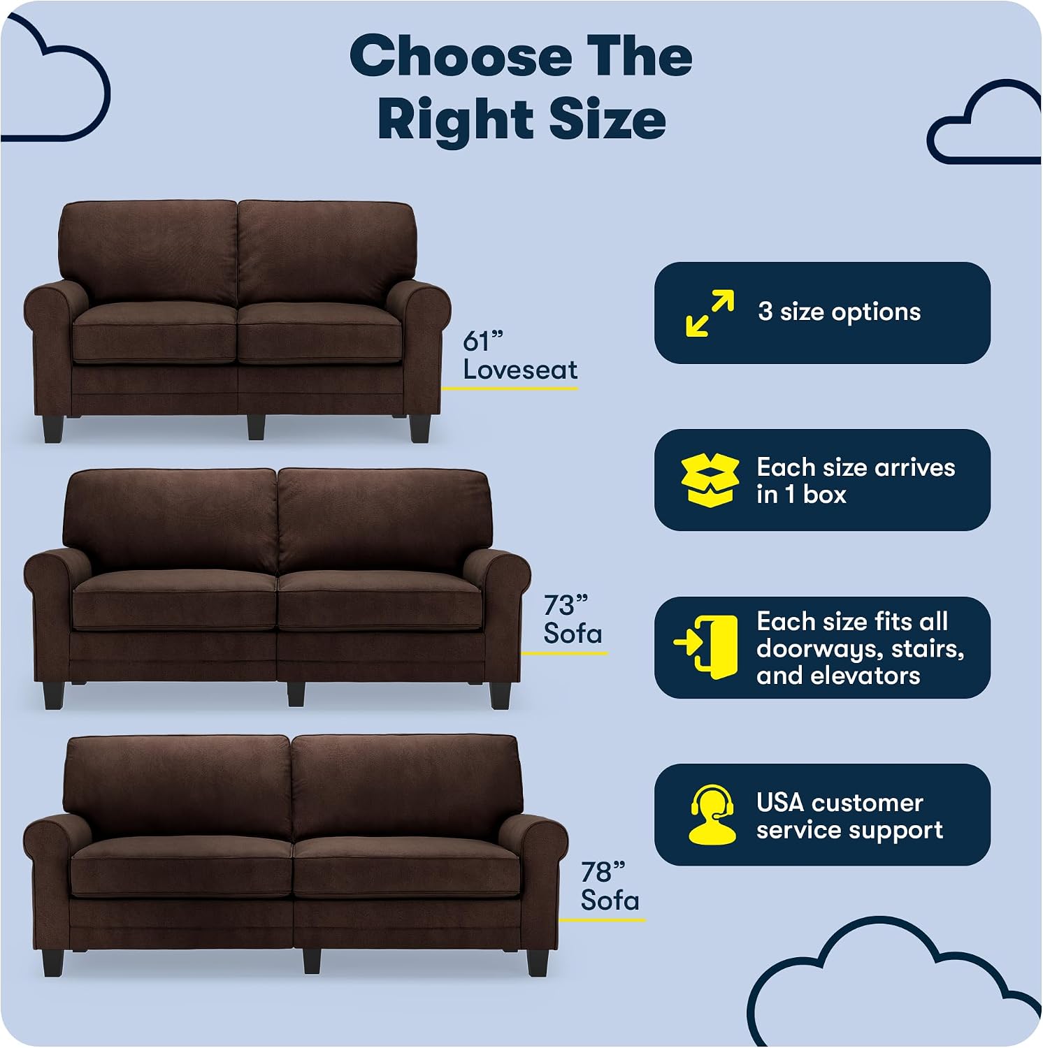 Serta Copenhagen 73' Rolled Arm Sofa, Easy Care Polyester, Soft Pillow Back, Pocket Coil Seat Cushions, Removable Covers, Loveseat or Couch for Small Spaces, Living Rooms or Bedrooms, Brown