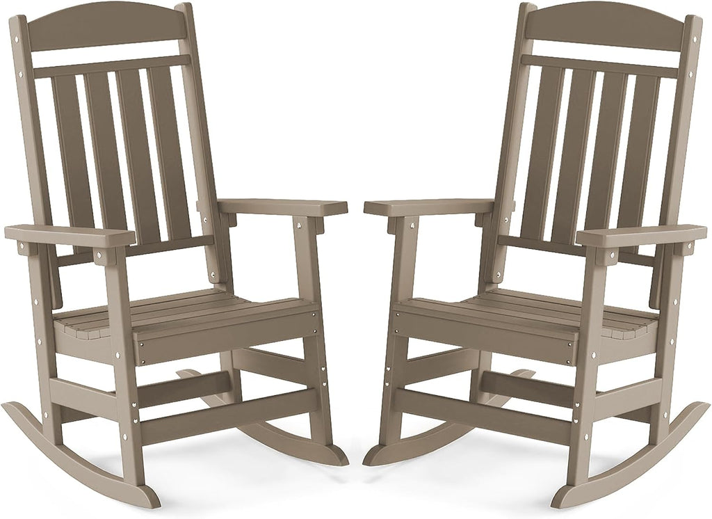 FOOWIN Outdoor Rocking Chair Set of 2, High Back Patio Rocking Chair, HDPE All Weather Resistant Porch Rocker for Adult, Oversized Rocking Chairs for Garden, Lawn, Indoor & Outdoor Use, Brown
