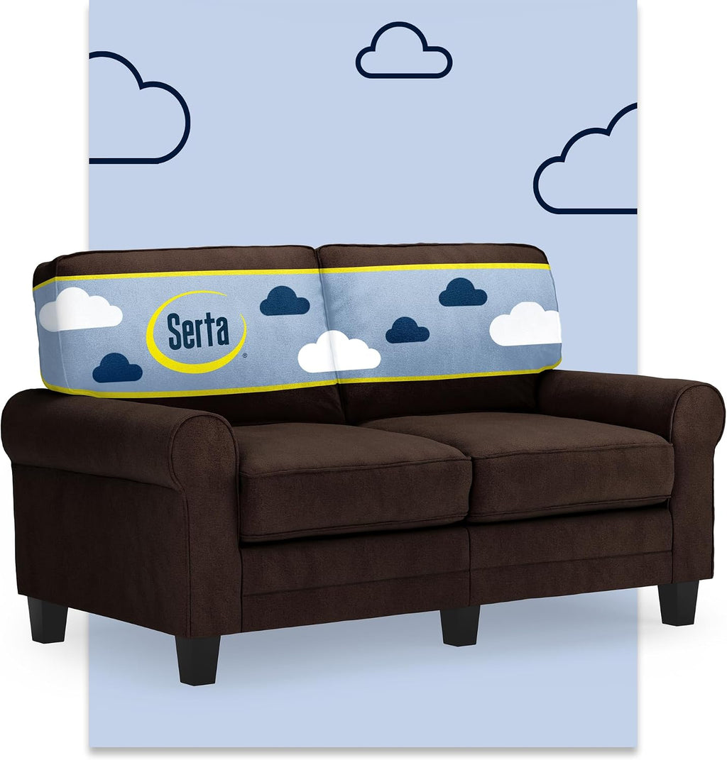 Serta Copenhagen 61' Rolled Arm Sofa, Easy Care Polyester, Soft Pillow Back, Pocket Coil Seat Cushions, Removable Covers, Loveseat or Couch for Small Spaces, Living Rooms or Bedrooms, Brown