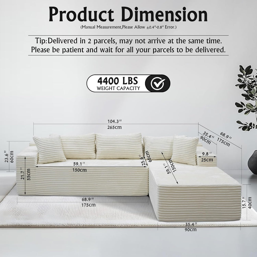 Sectional Couches for Living Room Corduroy Couch, 104' Cloud Boneless Couch with L-Shape Chaise, Modern Modular Sofa, Deep Seat Comfort, No Assembly Required(Plush Corduroy, Left Facing Chaise)
