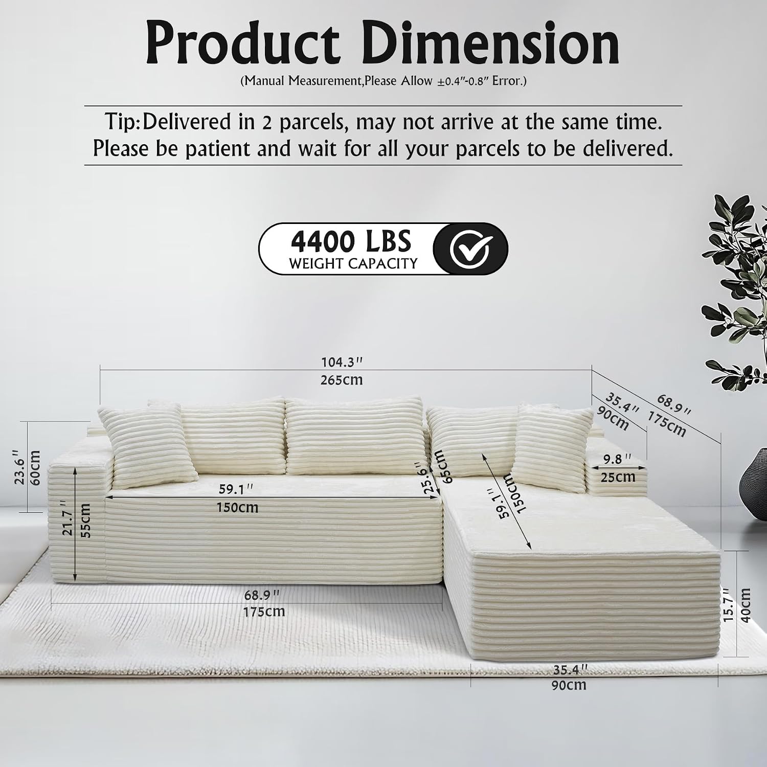 Sectional Couches for Living Room Corduroy Couch, 104' Cloud Boneless Couch with L-Shape Chaise, Modern Modular Sofa, Deep Seat Comfort, No Assembly Required(Plush Corduroy, Left Facing Chaise)