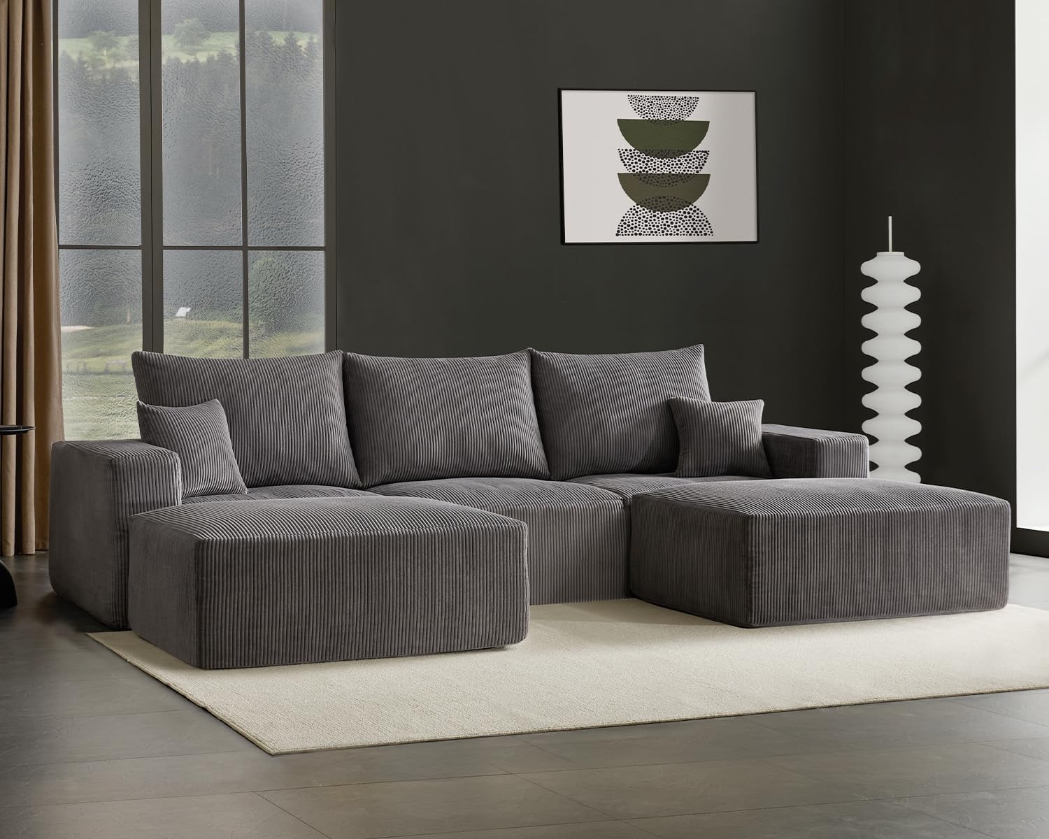 Gericco 113' Modular Sectional Couch, Cloud Boneless Sofa with Deep Seats, Upholstered Corduroy Square Stuffed Pouf, 2 Pcs 40 * 31 Inch Furry & Fluffy Movable Foot Stool for Living Room, Grey