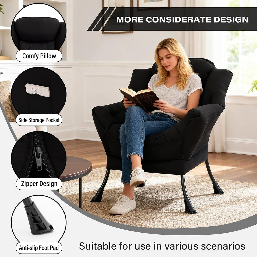 MBOOYOME Lazy Chair, Modern Soft Reading Chair Accent Contemporary Sofa Chair with Armrests and a Side Pocket for Living Room, Bedroom, Dorm & Office, Black