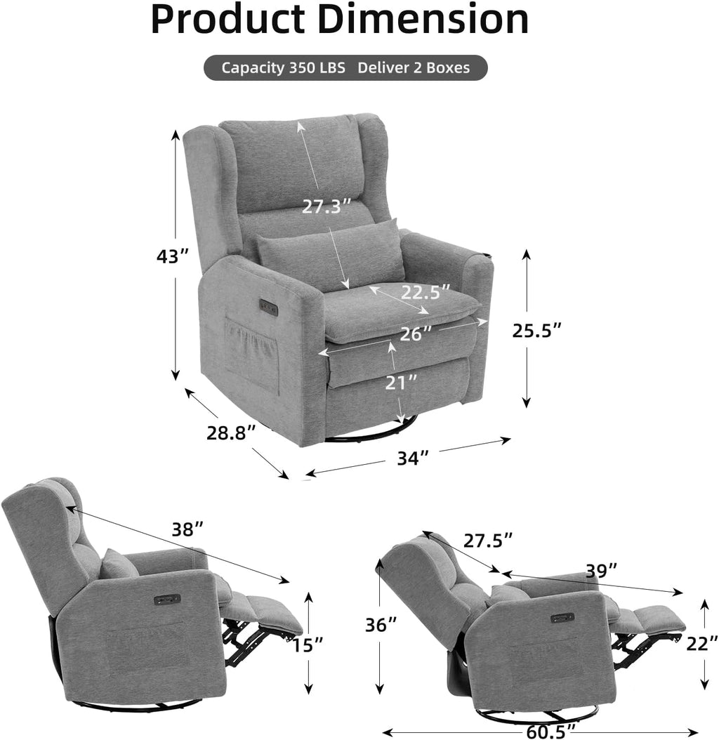 Power Recliner Chair Swivel Glider, Oversized Swivel Rocker Recliner with Adjustable Headrest, Chenille Glider Recliner Nursery Chair with Overstuffed Lumbar Support, USB Ports,Grey