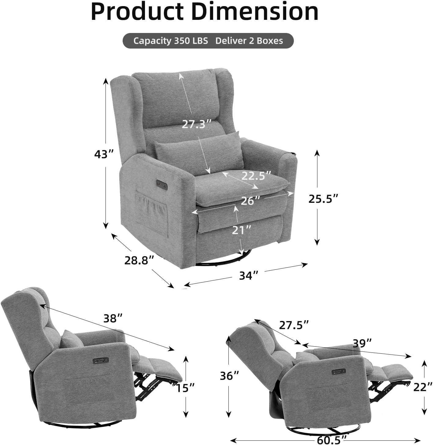Power Recliner Chair Swivel Glider, Oversized Swivel Rocker Recliner with Adjustable Headrest, Chenille Glider Recliner Nursery Chair with Overstuffed Lumbar Support, USB Ports,Grey