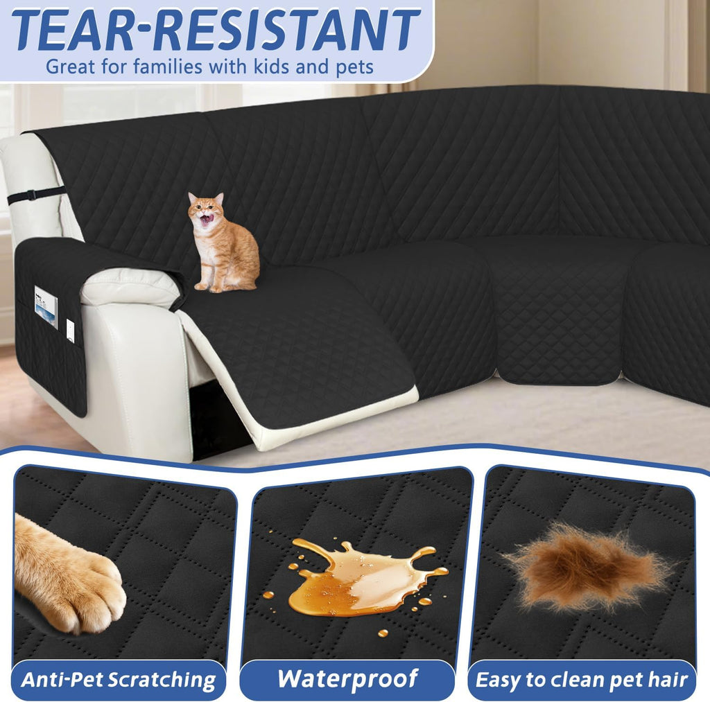 Arfntevss Recliner Sectional Couch Covers 1OO% Waterproof L Shape Sofa Cover for Reclining L Shaped Sectional Slipcover Set for Dog Washable Corner Non Slip Furniture Protector (5 Seater, Black)