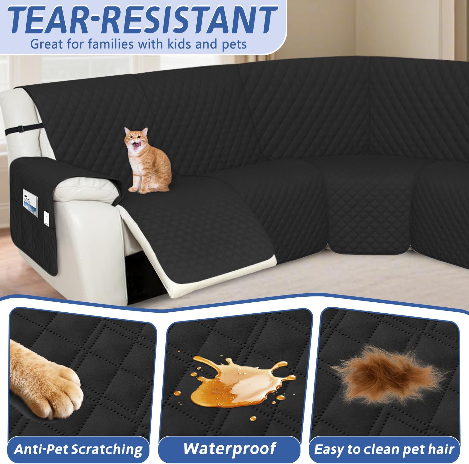 Arfntevss Recliner Sectional Couch Covers 1OO% Waterproof L Shape Sofa Cover for Reclining L Shaped Sectional Slipcover Set for Dog Washable Corner Non Slip Furniture Protector (5 Seater, Black)