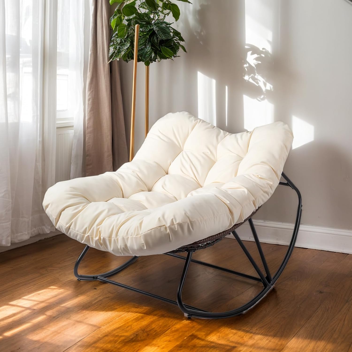 Outdoor Patio Rocking Chair, Oversized Papasan Chair Comfy Rattan Wicker Egg Chairs Indoor, Modern Lounge Rocker for Front Porch,Rocking Lounge Chairs, Rocker Chairs for Patio Porch Garden - Beige
