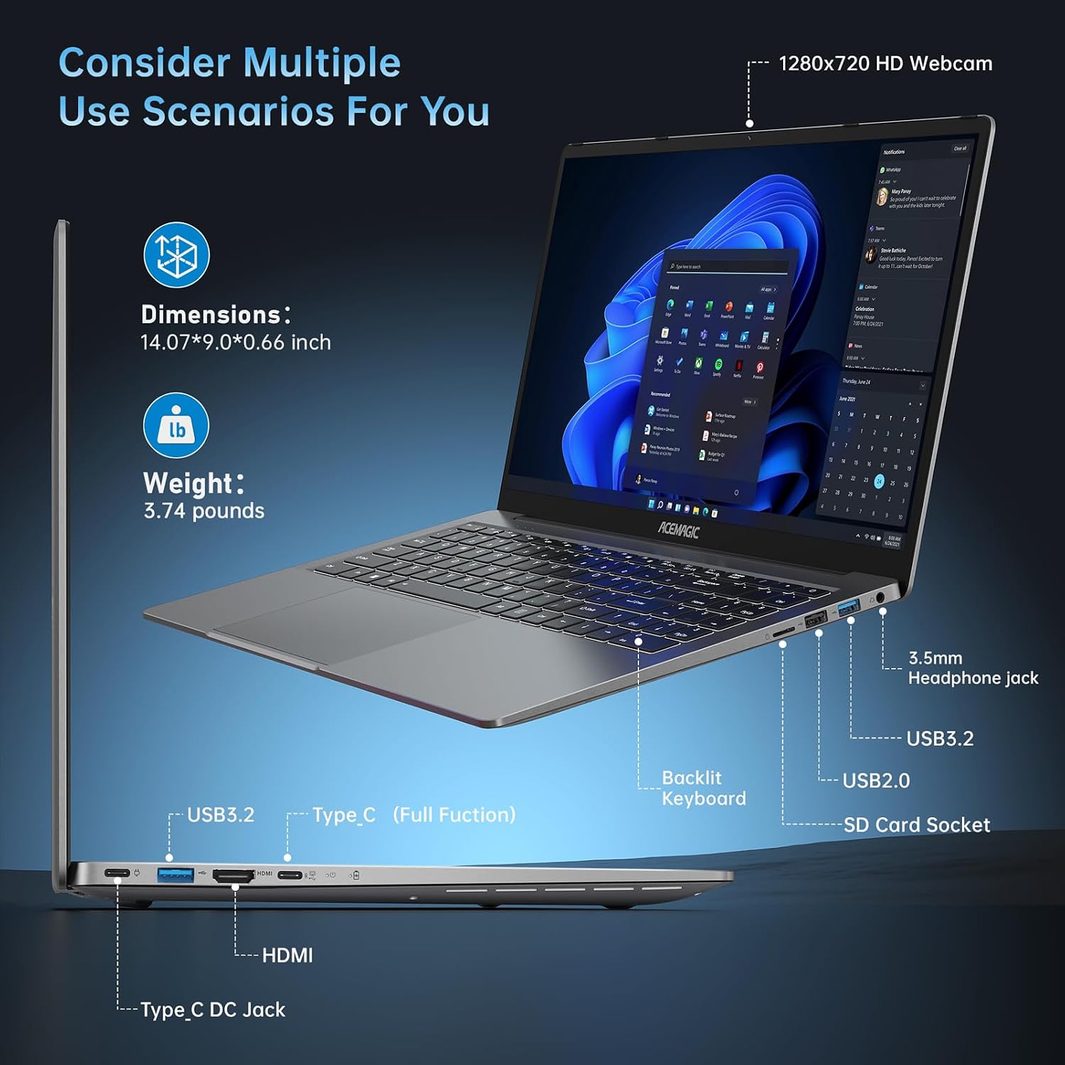 ACEMAGIC 2025 Laptop, Laptop with AMD Ryzen 7 5700U (8C/16T, Up to 4.3GHz), 16GB RAM 512GB NVMe SSD Laptop Computer, Radeon RX Vega 8 Graphics, 16.1-inch FHD Display, WiFi 6, Backlit KB