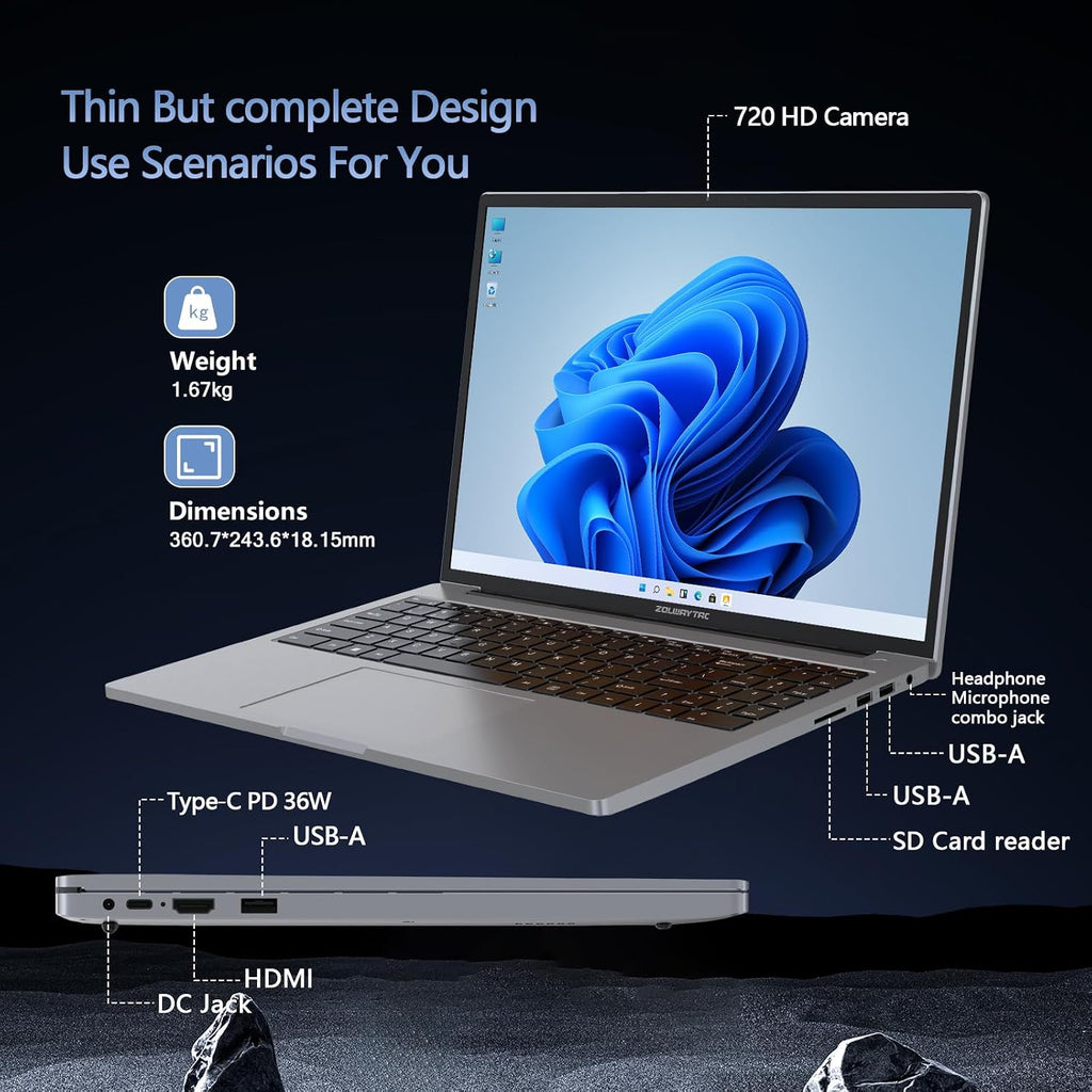 ZOLWAYTAC 16' Inch Laptops, Win 11Computer Laptop Gaming,16GB RAM 512GB SSD,N100 CPU(Up to 3.4GHz,12th),with WiFi/BT,Backlit Keyboard,5000mAh,Support Type C Charging,for Gaming,Business,Silver Gray