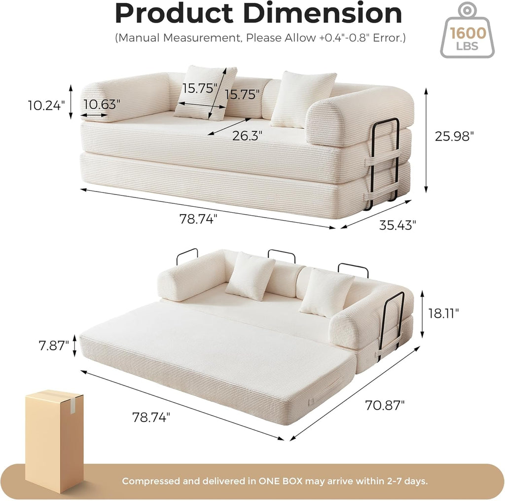 79' Convertible Sofa Bed No Assembly, 5-in-1 Sleeper with Fixed Frame & Corduroy Cloud Cushion, Foldable Futon Couch for Small Apartment, Guest Room, Office (Beige White)
