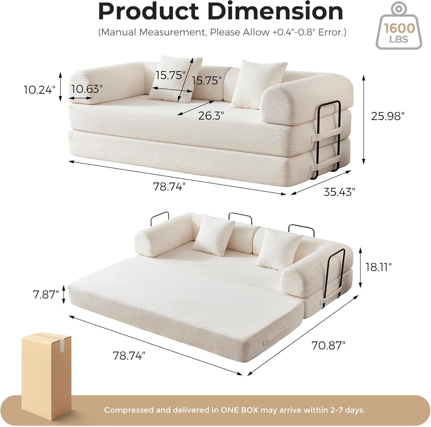 79' Convertible Sofa Bed No Assembly, 5-in-1 Sleeper with Fixed Frame & Corduroy Cloud Cushion, Foldable Futon Couch for Small Apartment, Guest Room, Office (Beige White)