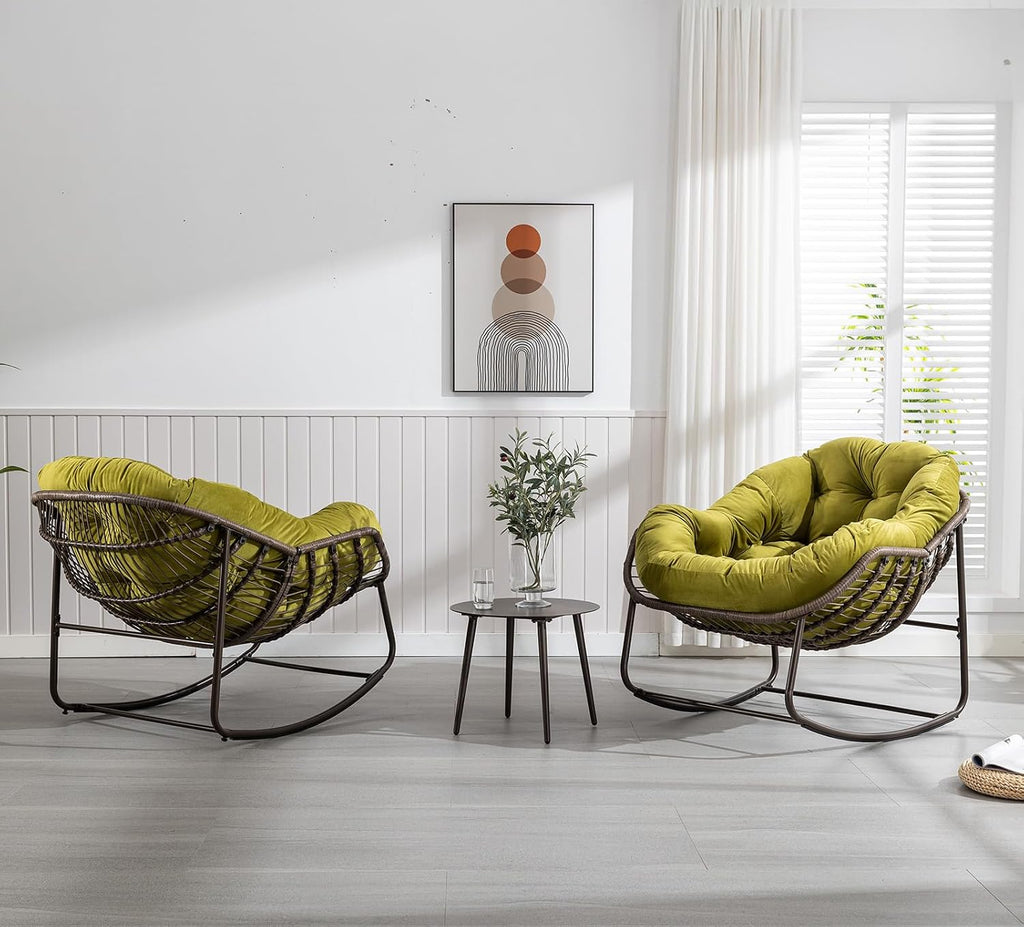 Papasan Rocking Chairs Outdoor Indoor, Oversized Rattan Rocker Patio Chair with Padded Cushion, Comfy Modern Indoor Egg Chair for Living Room, Bedroom, Porch, Garden, Balcony(Velvet, Olive Green)