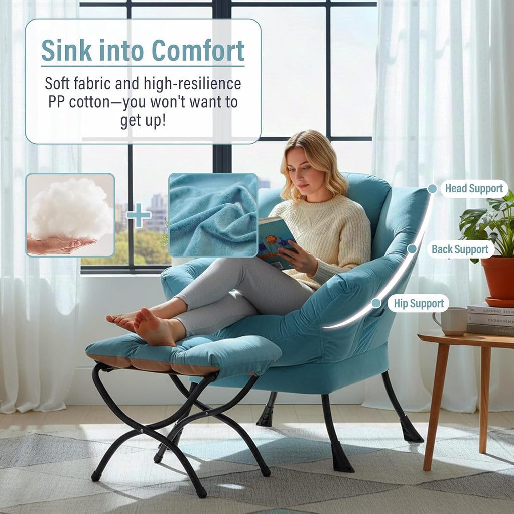 Furlide Lazy Chair with Ottoman, Modern Accent Chairs with Folding Footrest, Velvet Light Blue Sofa Chair Set, Reading Chairs, Oversized Armchairs for Bedroom, Study, Living Room, Courtyard