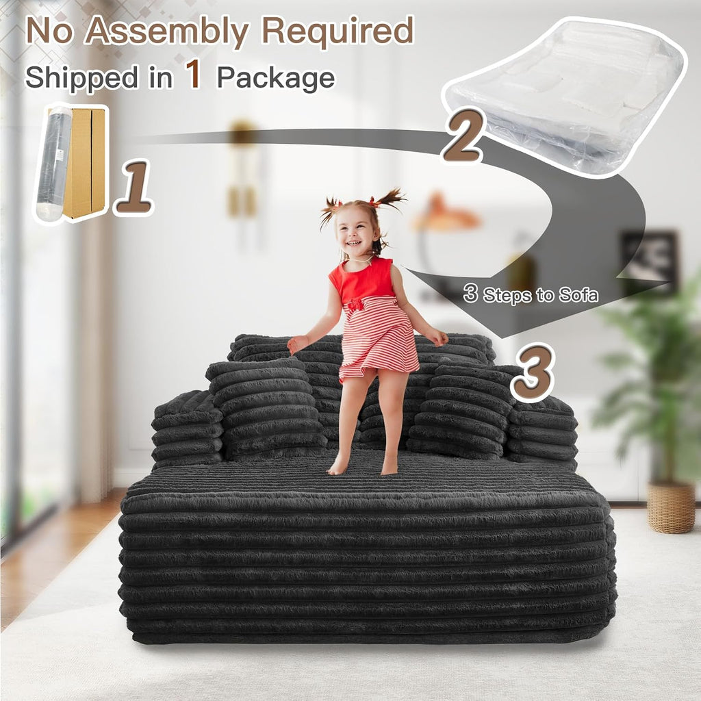 JEEOHEY 56' Oversized Chaise Lounge Chair Indoor,Plush Faux Fur Sleeper Sofa Couch Bed with Pillows&Wide Armrests,Fluffy Comfy Cloud Couch,Compression Foam Couch for Living Room,Bedroom(Black)