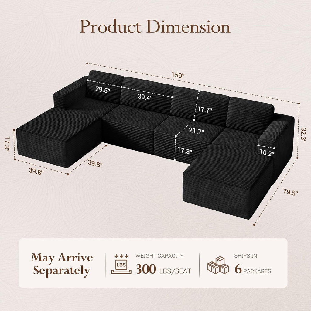 Vesgantti 159' Large Modular Sectional Sofa, U-Shaped Corduroy Cloud Couch with Deep Seats & Spring Support, 4-Seater Boneless Sofa with 2 Movable Ottomans, No Assembly Needed, Black