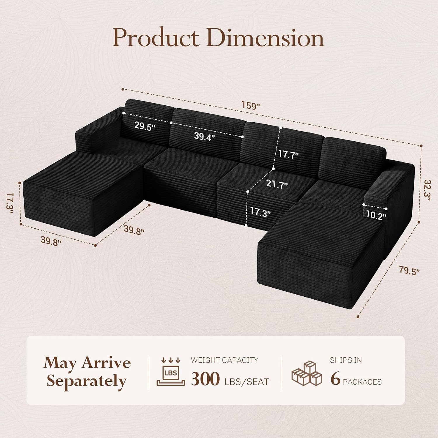 Vesgantti 159' Large Modular Sectional Sofa, U-Shaped Corduroy Cloud Couch with Deep Seats & Spring Support, 4-Seater Boneless Sofa with 2 Movable Ottomans, No Assembly Needed, Black