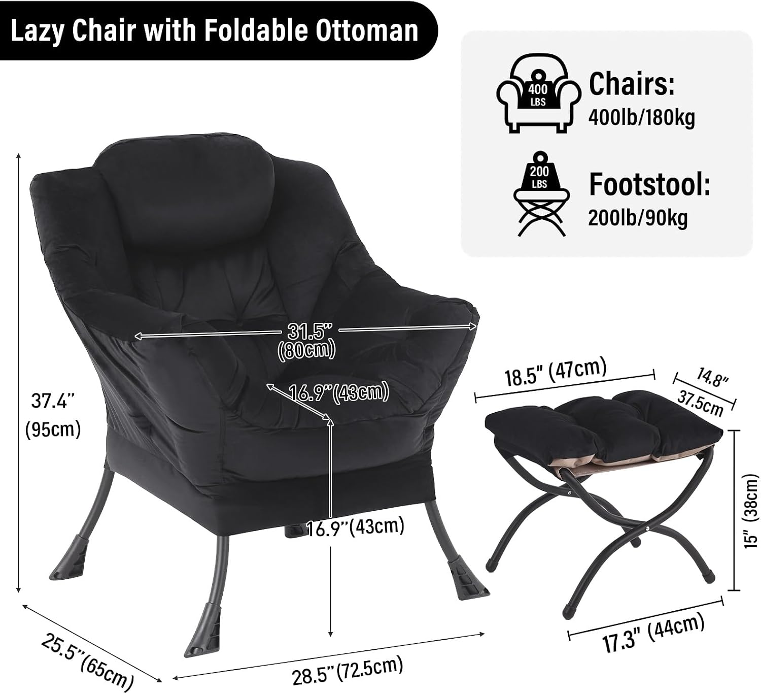 Furlide Lazy Chair with Ottoman, Modern Accent Chair with Armrests and a Side Pocket, Velvet Black Accent Chairs, Reading Chairs, Oversized Armchairs for Bedroom, Study, Living Room, Courtyard