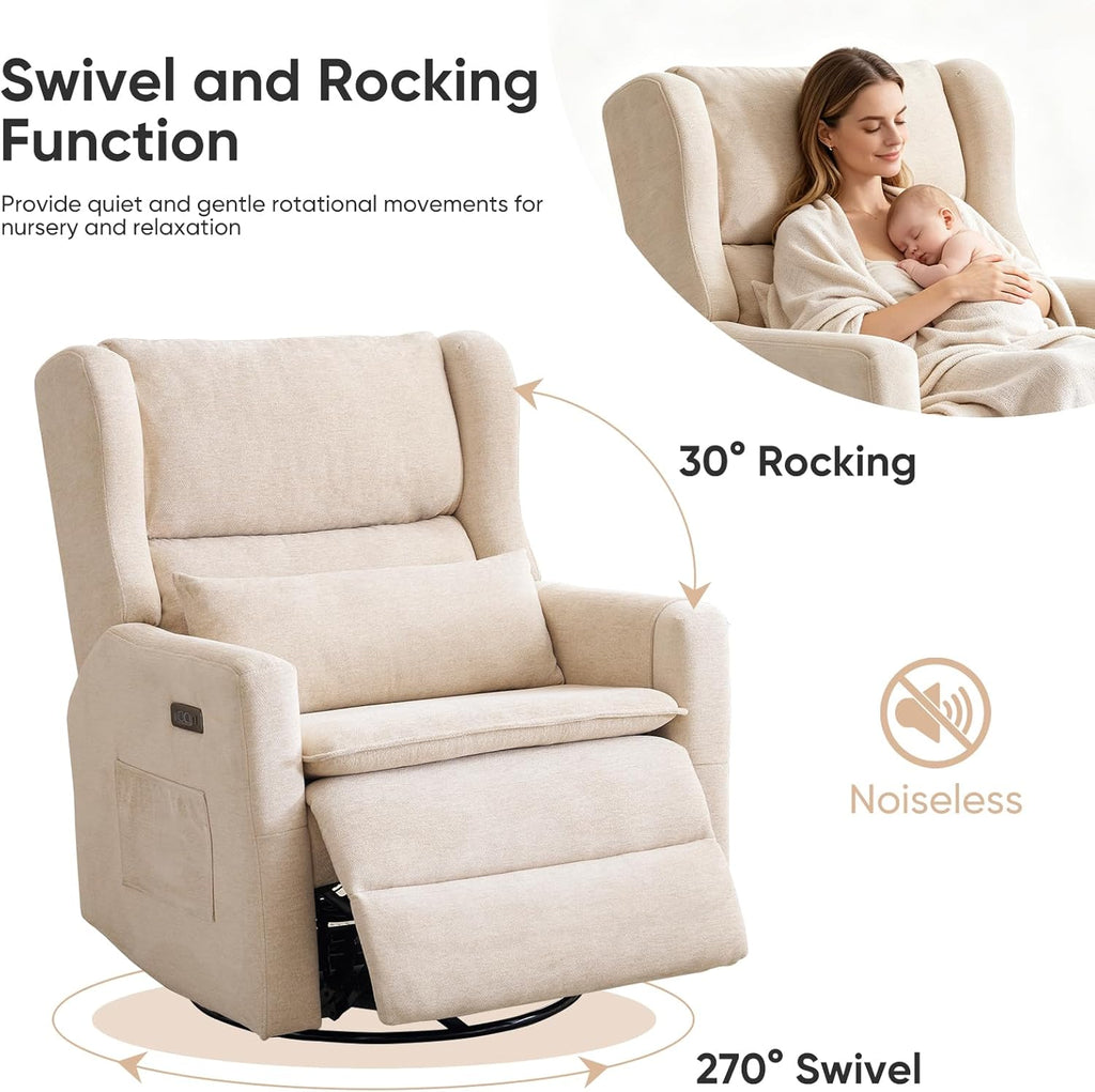 Oversized Swivel Rocker Recliner Chair, 26' Extra Wide Glider Nursery Chair with Adjustable Headrest, Chenille Power Recliner Rocking with Double Cushion, Cup Holder, Beige