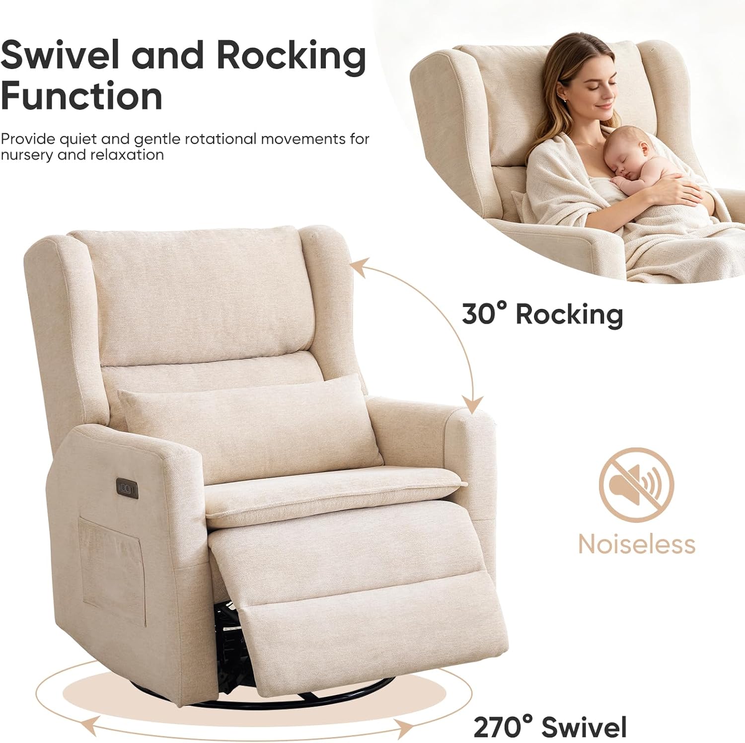Oversized Swivel Rocker Recliner Chair, 26' Extra Wide Glider Nursery Chair with Adjustable Headrest, Chenille Power Recliner Rocking with Double Cushion, Cup Holder, Beige