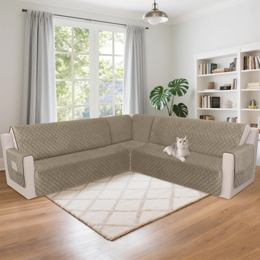 HDCAXKJ Waterproof Corner Sectional Couch Cover Velvet L Shape Sofa Covers for Pets Dogs Soft Heavy Duty U Shaped Sofa Slipcovers Sets for Sectional Non Slip Furniture Protector (Camel, XX-Large)
