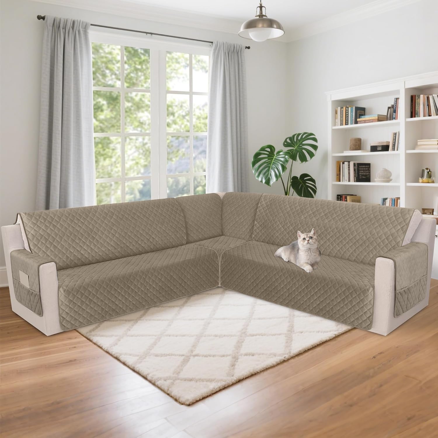 HDCAXKJ Waterproof Corner Sectional Couch Cover Velvet L Shape Sofa Covers for Pets Dogs Soft Heavy Duty U Shaped Sofa Slipcovers Sets for Sectional Non Slip Furniture Protector (Camel, XX-Large)