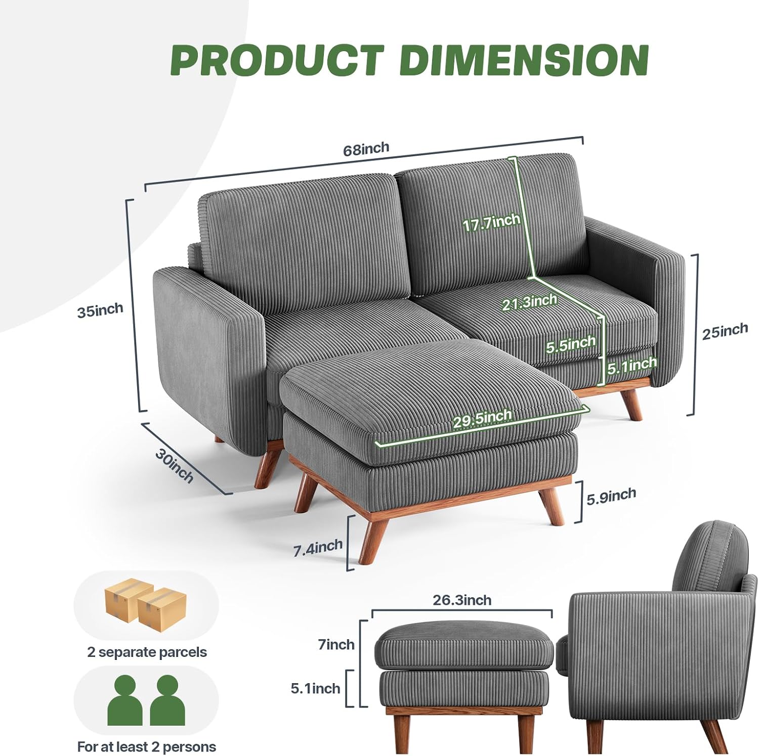 Vesgantti 68' Loveseat Sofa with Movable Ottoman, Comfy Corduroy Couch with Spring Cushion, Sofa Couch with Solid Wood, Modern Office Sofa with Deep Seat for Living Room and Bedroom, Dark Gray
