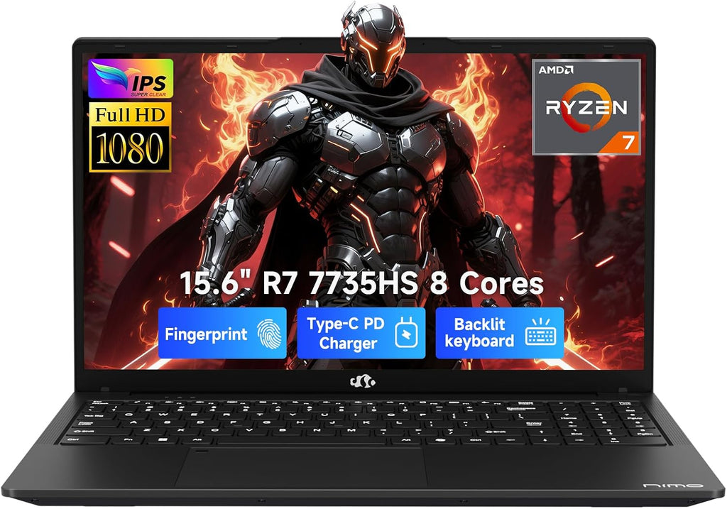 NIMO 15.6' IPS FHD Gaming Laptop, AMD 8 Cores Ryzen 7 7735HS (Beats i7-12650H, Up to 4.75GHz) 16GB DDR5 RAM 512GB SSD Computer with Radeon 680M 100W Type-C HDMI Portable for Business and Student