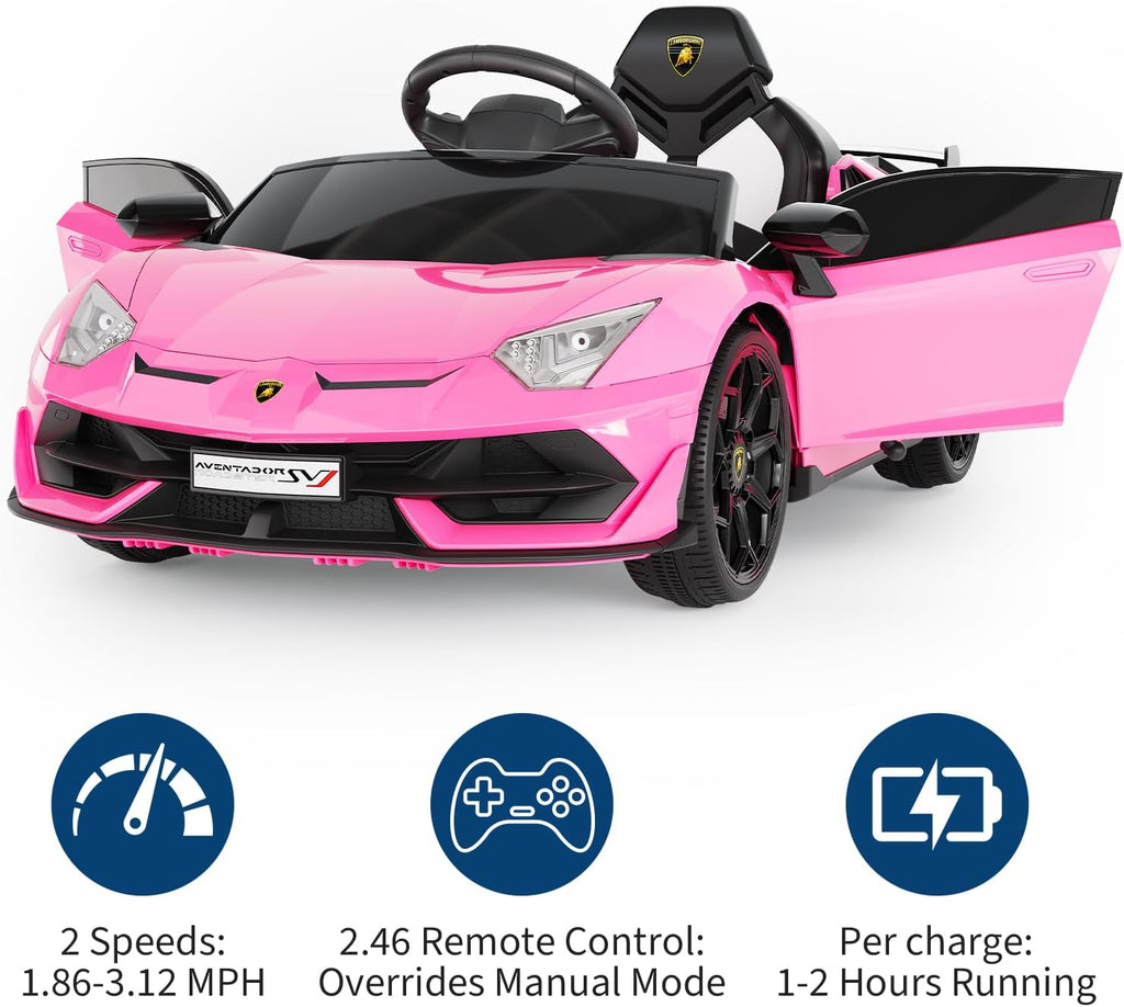 Garvee 12V Kids Electric Car with Remote Control, LED Lights & Sound System - Licensed Lamborghini Battery Powered Ride-On Toy for Boys & Girls (Pink)