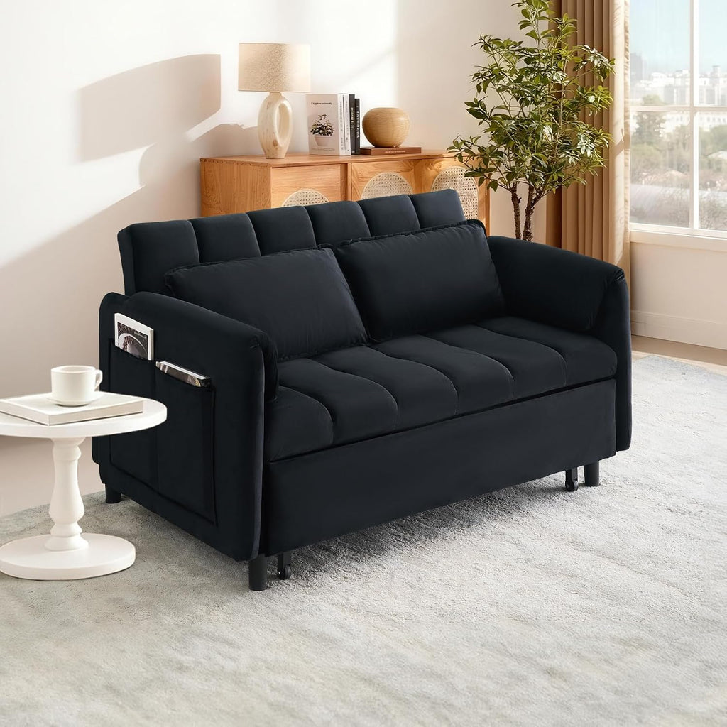 CAPCAEK 3 in 1 Convertible Sleeper Sofa Bed, Modern Velvet Loveseat Pull-Out Couch w/Pullout Bed, Small Love Seat Lounge Sofa w/Reclining Backrest,Toss Pillows, Pockets, for Living Room