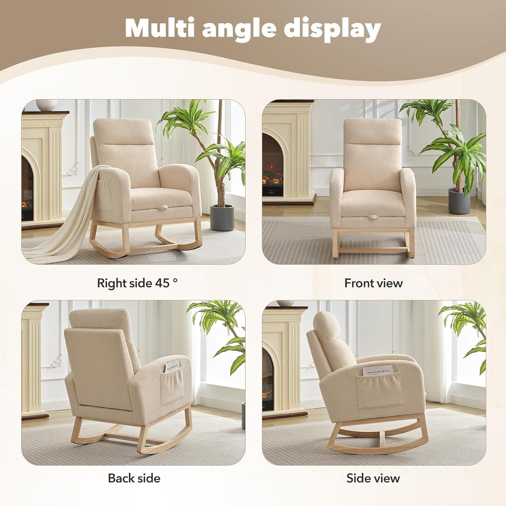 Nursery Rocking Chair with Foot Rest,Modern PU Upholstered Reading Glider Chair,High Backrest & Side Pocket for Living Room, Bedroom, Baby Room